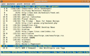 Abbildung 3: Der Konsolen-Feedreader Newsbeuter erinnert an den vielseitigen Mailclient Mutt. Farben, Sortierreihenfolge, Hervorhebungen und vieles mehr passt der Anwender in der Einrichtungsdatei an.