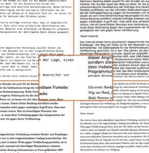 Abbildung 1: Eine einspaltige Textvorlage in vier verschiedenen Schriften testet die Engines ohne Layout-Erkennung. Der vergrößerte Bereich in der Mitte macht die Qualität des Scans sichtbar.