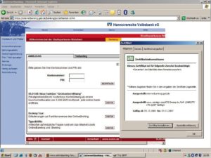 Abbildung 1: Bild aus der Vergangenheit: Aufgrund der Manipulation mit einem Test-Trojaner gibt sich das Online-Angebot der Sparkasse als zur Volksbank gehörig aus. Der Browser zeigt das echte Zertifikat der Volksbank, warnt den Benutzer also nicht vor einem eventuellen Betrugsversuch.