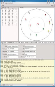 Abbildung 1: Positionsbestimmung in der Skyview von Xgps. Im Konsolenfenster im Hintergrund werkelt Gpsd im Debug-Modus und gibt die Positionsdaten aus.