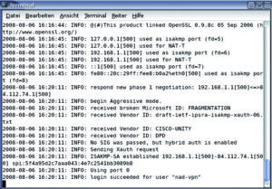 Abbildung 1: Erfolgreiche IPsec-Verbindung von Racoon mit X.509-Zertifikaten.