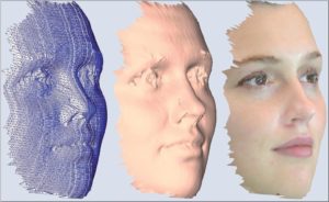 Abbildung 1: Das Ergebnis des Scans ist ein räumliches Gitter (Mesh, links). 3D-Software schattiert das Gitter entweder (Mitte) oder überzieht es mit einer Foto-Textur (rechts).