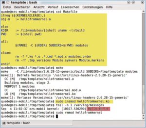 Abbildung 1: Mit einem geeigneten Makefile lässt sich aus dem Code von Listing 1 ein Kernelmodul generieren. Das Kommando »insmod« lädt das Modul in den Kern. Bei Erfolg grüßt der Kernel die Welt in seinen Messages mit einem Hallo.