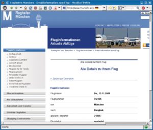 Abbildung 1: Die Informationsseite des Flughafens München für einen Flug nach Bangkok. Alle gezeigten Details wie Flugnummer, Typ des Flugzeugs und Uhrzeit sind manipulierbar, weil die Webanwendung sie ungeprüft via URL übergibt.
