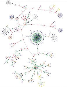 Abbildung 1: Processing kann auch Abstraktes anschaulich visualisieren, beispielsweise die Verlinkung von Websites als Graph &ndash; hier das Linux-Magazin.