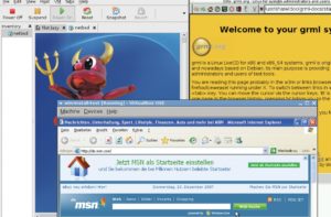 Abbildung 1: Drei Betriebssysteme in drei Virtualisierungslösungen: VMware Server beherbergt NetBSD, daneben bietet KVM einem GRML-Linux eine Heimat, unten läuft Windows in einer Virtualbox.