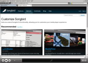 Abbildung 2: Zahlreiche Erweiterungen machen aus dem einfachen Musikabspielprogramm Songbird ein Multitalent. Dank XULrunner zeigt die Software die Webseite mit den Plugins direkt im Player-Fenster an.