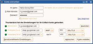 Abbildung 2: Der Account Wizard findet selbstständig die richtigen Angaben zu STMP- und IMAP- oder POP-Server heraus - leider nur bei der Ersteinrichtung.