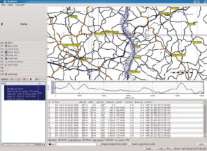 Abbildung 4: Zum Vergleich: Eine mit dem Mobile Trail Explorer aufgezeichnete zügige Autobahnfahrt zeigt Qlandkarte als Track und Höhenprofil in der separat hinzugeladenen Openstreetmap-Straßenkarte ...