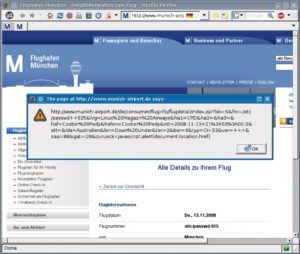 Abbildung 5: Auch Javascript ist möglich: Hier zeigt eingeschleuster Code die manipulierte URL der Flughafen-Webseite selbst an.
