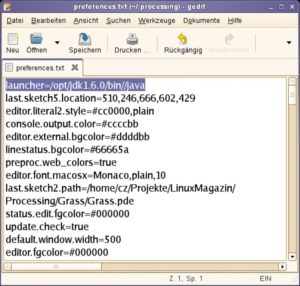 Abbildung 5: Die Java-VM muss der Anwender unter Linux per Hand in die Datei »~/.processing/preferences.txt« eintragen.