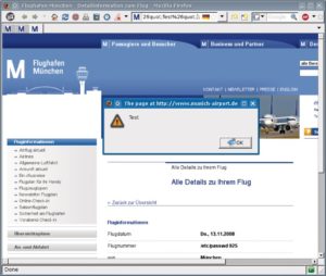 Abbildung 6: Mit HTML-Entities lässt sich auch der Sicherheitsfilter des Flughafens umgehen. Über Javascript zeigt die Webseite beliebige Texte an.