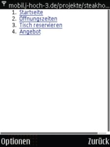 Abbildung 6: Nummerierte Listen eignen sich besonders für Menüs auf Mobil-Seiten: Das »accesskey«-Attribut sorgt dafür, dass der Anwender die Punkte über die Handytastatur auswählen kann.