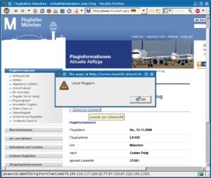 Abbildung 7: Mit Javascript und der »CharCode«-Funktion kann die Flughafen-Webseite beliebige Zeichenketten wie »Linux Magazin« erzeugen.