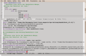 Abbildung 1: Emacs mit Quellcode (oben) und einer REPL mit einigen Befehlen (unten).