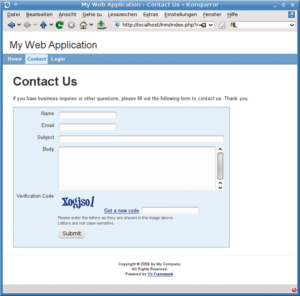 Abbildung 1: Der Yii-Anwendungsgenerator erzeugt ein Webprojekt mit drei Unterseiten, Benutzerauthentifizierung und einem Spamschutz mit Captcha.