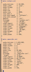 Abbildung 1: Metadaten zweier Videos, oben mit Nikon Coolpix S52, unten mit Canon Elura 100.