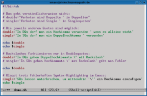 Abbildung 2: Wer Quotes schachtelt, freut sich über Syntax-Highlighting. Aber niemand sollte sich blind darauf verlassen, wie die letzten Zeilen zeigen.