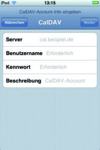 Abbildung 3: Mobiles Caldav mit dem I-Pod Touch: Caldav ist neben Google und Yahoo eine der von Apple standardmäßig in die aktuelle Firmware eingebauten Kalender-Varianten.