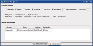 Abbildung 3: Der Signal-Spy registriert Signal-Methoden für die Beobachtung. Das Ausgabeformat ist über die »Logging options« vielseitig einstellbar und eignet sich auch für die automatische Verarbeitung.