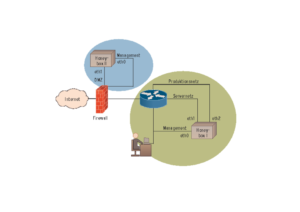Abbildung 7: Mehrere Honeyboxen untersuchen die unterschiedlichen Sicherheitszonen (blau, grün). Jedes Sensorinterface überwacht jeweils ein anderes Subnetz mit gleichem Sicherheitsniveau.