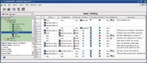 Abbildung 1a: Version 3 des Firewall Builder sortiert alle Policies (hier »Policy«, »NAT« und »Routing«) als Objekte direkt unter den Firewalls. Damit sind sie übersichtlich im grün hinterlegten Objektbaum zu finden.