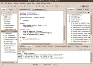 Abbildung 2: Die Oberfläche von Eclipse wirkt selbst auf etwas größeren Bildschirmen überfrachtet. Hier sieht man eine typische Arbeitssitzung in der C++-/Qt-Entwicklung.