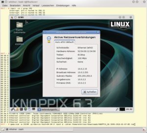 Abbildung 1: Nachdem er mit Lspci etwaige Interrupt-Doppelbelegungen ausgeschlossen hat, startet der Admin das KVM-Image. 2 GByte Speicher sind mehr als genug für die Knoppix-Version 6.3. Ihr hat der Host eine PCI-Netzwerkarte durchgereicht, auf Wunsch kann er auch deren MAC-Adresse bestimmen.