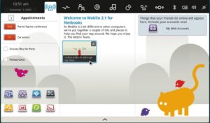 Abbildung 3: Die Oberfläche des Netbook-Betriebssystems Moblin bricht mit bestehenden Konzepten. Farbenfroher, von Icons geleitet und im Vollbildmodus sollen Nutzer ohne Vorkenntnisse mit dem PC arbeiten.