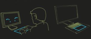 Abbildung 4: Rechnersteuerung via Touchpad mit den Fingern, deren Position ist auf dem Display zu sehen.