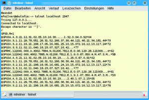 Abbildung 6: Position, Höhe und Bewegungsdaten im Raw-Format: Wenn der Telnet-Befehl ähnliche Ergebnisse bringt, hat Gpsd das Gerät erkannt und liefert auf Port 2947 NMEA-Positionsdaten aus.
