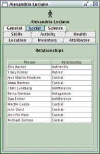Abbildung 3: Die Personen-Infobox gibt detaillierte Auskunft über alle Lebensaspekte der virtuellen Siedler. Gesundheit, Besitz, soziale Kontakte - so mancher Innenminister sähe seine sämtlichen Überwachungsfantasien erfüllt.