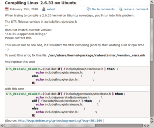 Abbildung 3: Auf einem nicht ganz aktuellen Ubuntu 9.10 müssen Entwickler vor dem Übersetzen noch die Datei »/usr/share/kernel-package/ruleset/misc/version_vars.mk« patchen, damit die Skripte eine Headerdatei korrekt generieren.