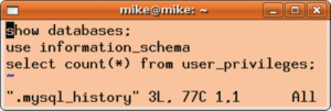 Abbildung 2: In der Datei »~/.mysql_history« liegen die eingegebenen Kommandozeilen für später aufgerufene Sessions abrufbereit.