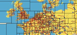 Abbildung 4: Europa in Kacheln aufgeteilt. Die gewählte Kachelgröße ist von der Datendichte im jeweiligen Ausschnitt abhängig.