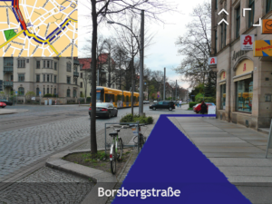 Abbildung 3: Optimiert für Fußgänger: Augmented-Reality-Navigation mit Navit und freien Daten von Openstreetmap auf einem Open-Source-Handy.