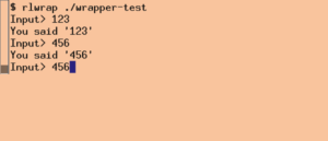 Abbildung 6: Der Wrapper »rlwrap« bringt dem unveränderten Programm Readline-Unterstützung und holt den letzten Eintrag noch einmal hervor.