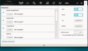 Abbildung 1: Intels Mini-Linux Moblin ist für Netbooks optimiert und zeigt sich flink und aufgeräumt. Im Schnappschuss ist die WLAN-Konfiguration zu sehen, am oberen Bildschirmrand die Menüleiste mit den Anwendungen.