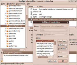 Abbildung 2: Ein Einrichtungsdialog fehlt dem Gnome System Log Viewer. Stattdessen konfiguriert der Anwender das Tool über den Gconf-Editor.