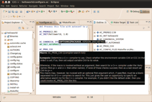 Abbildung 1: Beim Erstellen von »configure.ac«-Dateien liefert der neue Editor des Autotools-Plugins vielfältige Unterstützung. Zusätzlich listet die Outline-Ansicht rechts die verwendeten Makros auf.