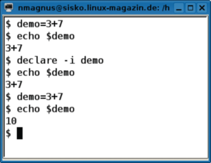 Abbildung 1: Die Bash expandiert Zuweisungen an Variablen mit Integer-Attribut arithmetisch.