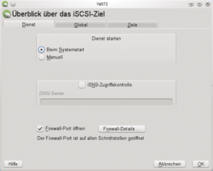 Abbildung 1: Das Target (der Server) soll I-SCSI beim Booten automatisch starten und die Firewall den Zugriff auf den Port erlauben.