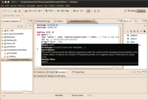 Abbildung 2: Das Libhover-Plugin liefert in einem riesigen Tooltipp-Fenster ausführliche Informationen zu einer Bibliotheksfunktion, hier für »printf()«.