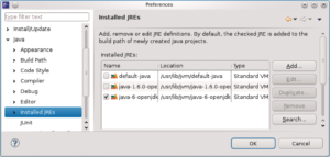 Abbildung 2: Das Suchen, Finden und Einrichten von JDKs gelingt in Eclipse ohne nerviges Hantieren mit »CLASSPATH«-Umgebungsvariablen. Anwender dürfen sie sowohl global als auch projektbezogen auswählen.