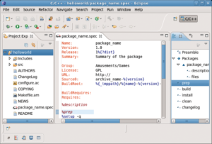 Abbildung 6: Der Specfile-Editor erlaubt ein bequemes Bearbeiten der gleichnamigen RPM-Konfigurationsdateien. Die »Outline«-Ansicht zeigt die einzelnen Abschnitte an.