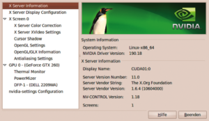 Abbildung 8: Ist die Installation des Nvidia-Treibers für Linux erfolgreich abgeschlossen, zeigt der Eintrag »Nvidia X Server Settings« unter anderem Informationen zu Grafikkarte, Displaynamen und der Treiberversion an.