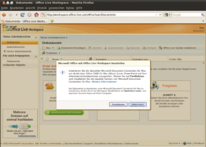 Abbildung 1: Ein Firefox unter Linux gaukelt vor, ein Windows-Browser zu sein. Dennoch verlangt Microsoft Office Live danach hartnäckig die Installation einer Erweiterung für den Mac.
