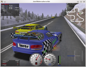 Abbildung 1: Die Rennsportsimulation Torcs bringt viele frei konfigurierbare Strecken, Autos und Computergegner mit. Von links nach rechts: ein Ferrari im Australien, ein winterlicher Zweikampf, ein Porsche auf einer Bergrennstrecke. Alle Elemente lassen sich mit OSS-Tools editieren, so auch die 3-D-Trackside-Objects.