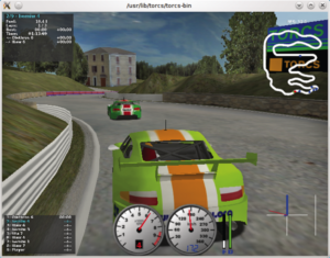 Abbildung 1: Die Rennsportsimulation Torcs bringt viele frei konfigurierbare Strecken, Autos und Computergegner mit. Von links nach rechts: ein Ferrari im Australien, ein winterlicher Zweikampf, ein Porsche auf einer Bergrennstrecke. Alle Elemente lassen sich mit OSS-Tools editieren, so auch die 3-D-Trackside-Objects.