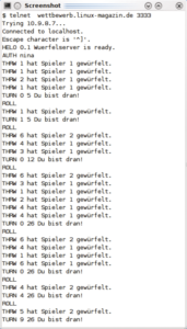Abbildung 2: Zu Testzwecken lässt sich der Gameserver auch manuell ansteuern – etwa mit einem Telnet-Client. So verfolgen Entwickler das Protokoll.